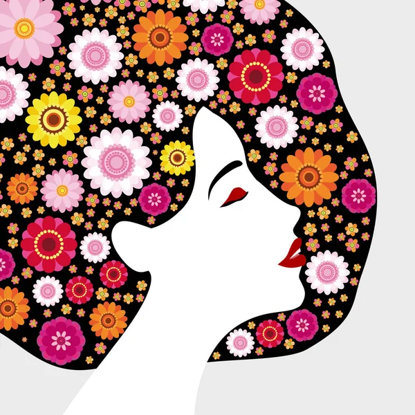 Красивый Женский Профиль Красота Лица Разноцветными Цветочными Волосами Красочных Цветов — стоковый вектор