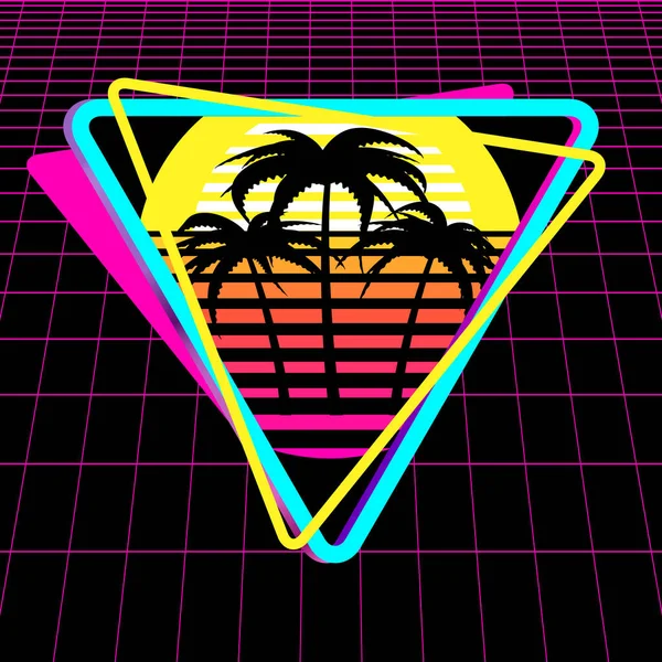 Dreieck Logo Mit Palmen Silhouetten Cyber Laser Gitter Auf Schwarzem — Stockvektor