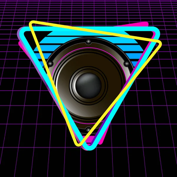 スピーカー 黒の背景にサイバーレーザーグリッドと三角形のロゴ Synthwave Vaporwave Retrowave 80S レトロな未来的な美的太陽円のエンブレム ロゴやアイコンデザインテンプレート ベクターイラスト — ストックベクタ