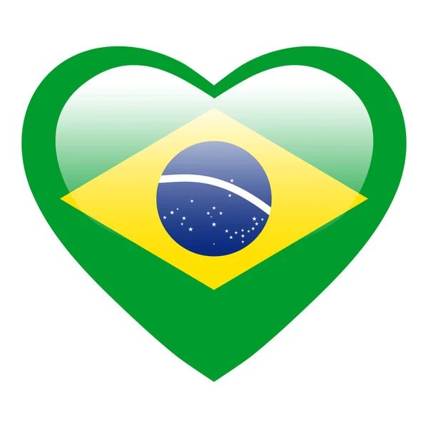 ブラジルの旗 ブラジルのハートの光沢のあるボタン 愛のブラジルの旗の象徴を愛して下さい ブラジルの愛国的なシンボル — ストックベクタ
