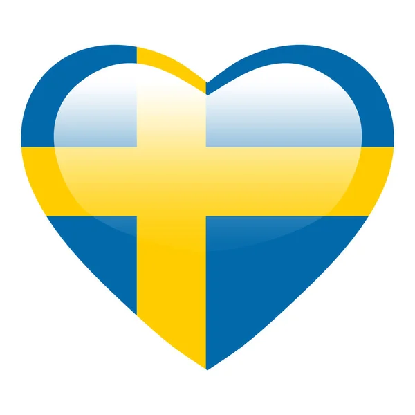 愛のスウェーデン国旗 スウェーデンの心の光沢のあるボタン 愛の象徴スウェーデンの旗 スウェーデンの愛国者シンボル — ストックベクタ
