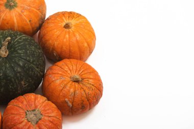 Taze sonbahar portakal kabakları beyaz arka planda izole edilmiş. Cadılar Bayramı kutlama geçmişi, sonbahar hasadı, minimalizm bayram dekorasyon şablonu. Üst görünüm, düz görünüm, kopyalama alanı