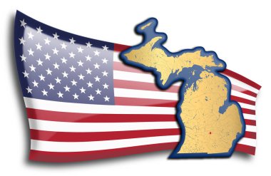 Michigan 'ın altın haritası Amerikan bayrağına karşı.