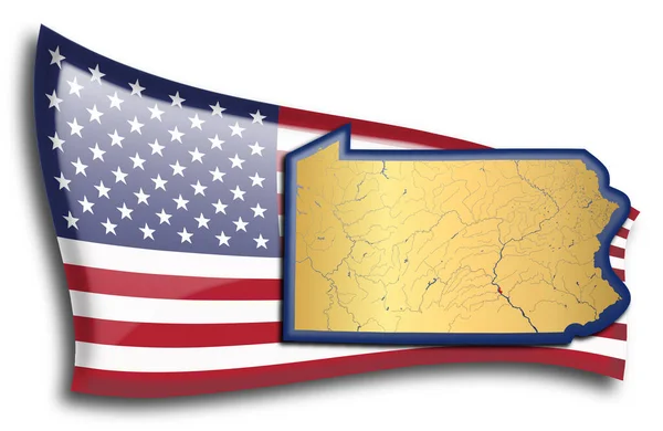 Золотая Карта Пенсильвании Против Американского Флага — стоковый вектор
