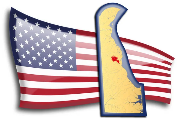 Mapa Dourado Delaware Contra Uma Bandeira Americana —  Vetores de Stock