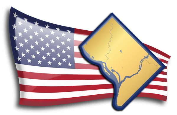 Золотая Карта Округа Колумбия Против Американского Флага — стоковый вектор