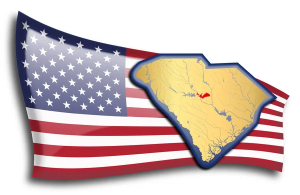 Golden Karta Över South Carolina Mot Amerikansk Flagga — Stock vektor