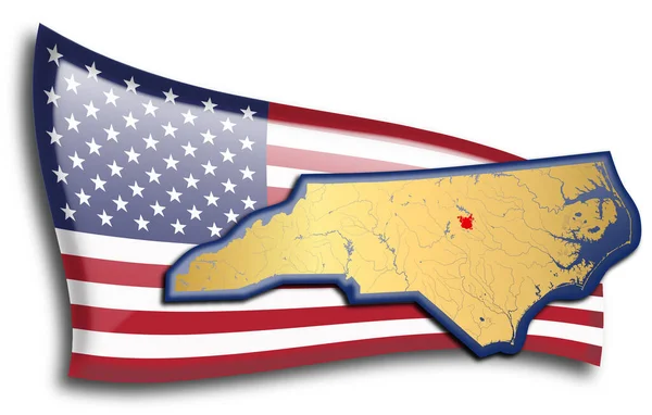 Mappa Dorata Della Carolina Del Nord Contro Una Bandiera Americana — Vettoriale Stock