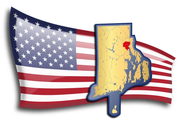 Золотая Карта Род Айленда Против Американского Флага — стоковый вектор