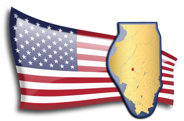 Mapa Dourado Illinois Contra Uma Bandeira Americana —  Vetores de Stock