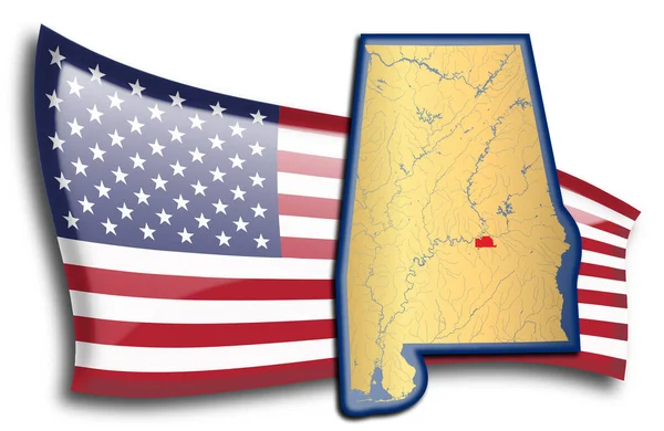 Mappa Dorata Dell Alabama Contro Una Bandiera Americana — Vettoriale Stock