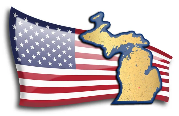 Mapa Dorado Michigan Contra Una Bandera Americana — Archivo Imágenes Vectoriales