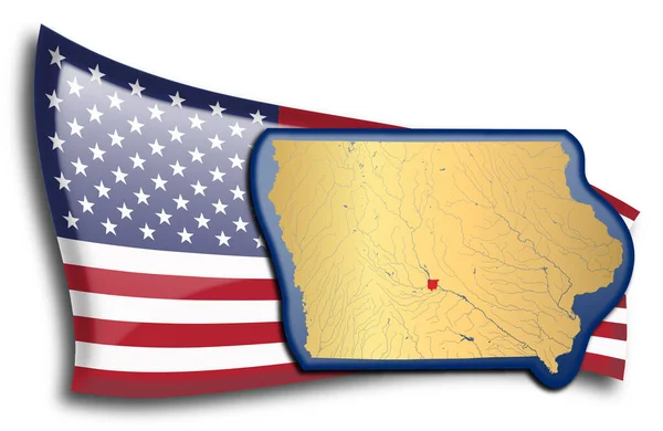 Mapa Dorado Iowa Contra Una Bandera Americana — Archivo Imágenes Vectoriales