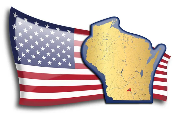 Mapa Dorado Wisconsin Contra Una Bandera Americana — Archivo Imágenes Vectoriales