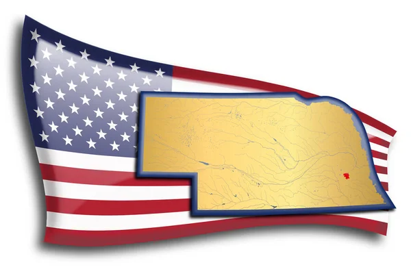 Золотая Карта Небраски Против Американского Флага — стоковый вектор