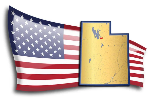 Mapa Dorado Utah Contra Una Bandera Americana — Archivo Imágenes Vectoriales