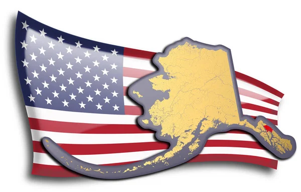 Mapa Dorado Alaska Contra Una Bandera Americana — Vector de stock
