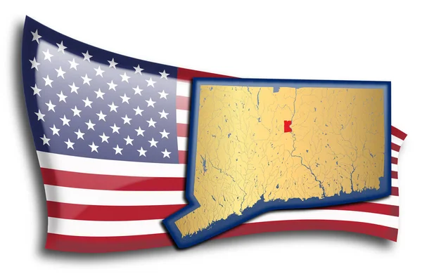 Золотая Карта Коннектикута Против Американского Флага — стоковый вектор