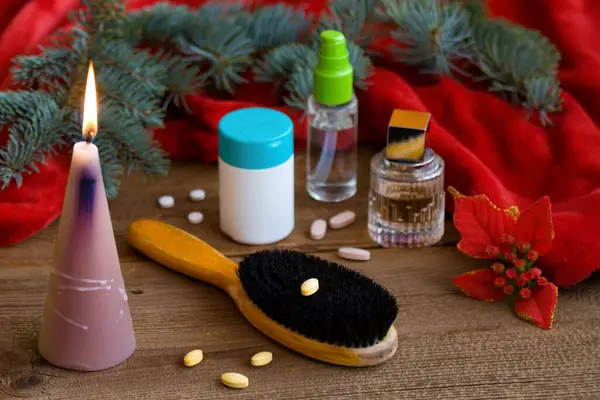 Cuidado Del Cabello Con Vitaminas Concepto Navidad Ingredientes Para Cuidado —  Fotos de Stock