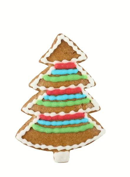 圣诞姜饼树 自制姜饼 形状为圣诞树 由儿童装饰 白色背景 — 图库照片