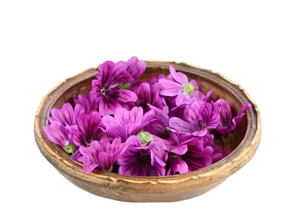 Flowers Wild Mallow Lat Malva Sylvestris Wooden Bowl Medicinal Herb — Stock Photo, Image