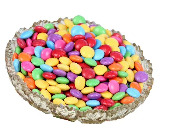 Чаша Красочными Сладкими Умницами Шоколадные Кнопки Цветах Радуги Вкусные Конфеты — стоковое фото