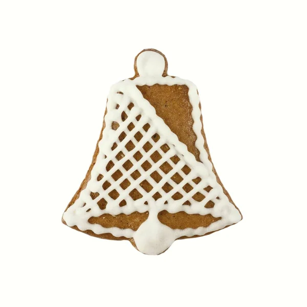 装饰过的圣诞姜饼铃铛姜饼在白色背景上呈钟形 平躺在床上 — 图库照片