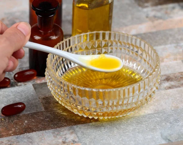 Making Homemade Lip Balm Warmed Beeswax Spoon Lip Balsam Made — Stock Photo, Image