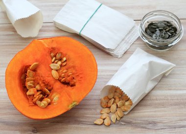 Getting own seeds from orange hokaido pumpkin. Dried seeds in paper bag, seeds from oil pumpkin behind. High angle view.