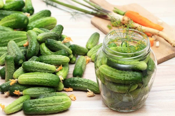 Preparing Preserved Pickled Cucumbers Spicy Brine Fresh Pickle Cucumbers Front — Stock Photo, Image