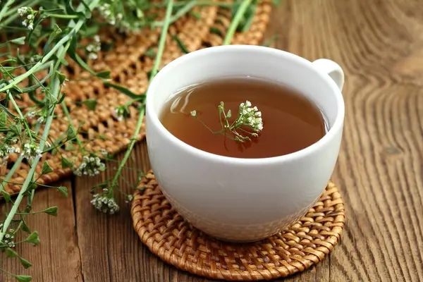 Herbal tea from herb Capsella bursa-pastoris, also known as  shepherd\'s purse. Herbal tea  used in traditional medicine, homeopathy and cosmetics.  Fresh  plant of shepherd\'s purse on wooden table.