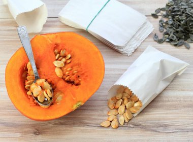 Getting own seeds from orange hokaido pumpkin. Dried seeds in paper bag, seeds from oil pumpkin behind. High angle view.