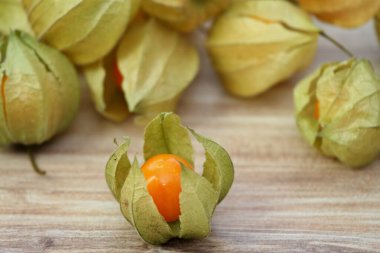 Tahta masadaki kabuklu Physalis Peruviana meyvesi. Aynı zamanda Bektaşi Burnu, kiraz ezmesi ya da kış kirazı olarak da bilinir..