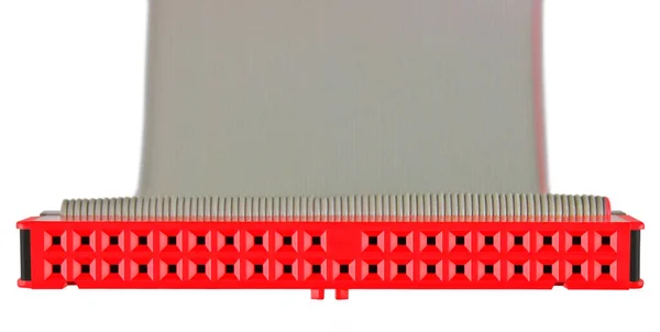 Pcコンピュータ用の赤 フラットグレーリボンインターフェイスケーブルのIdeコネクタプラグHddハードディスクドライブ 大規模な詳細絶縁水平マクロクローズアップ 通信コンセプト 減少した視点 白い背景 — ストック写真