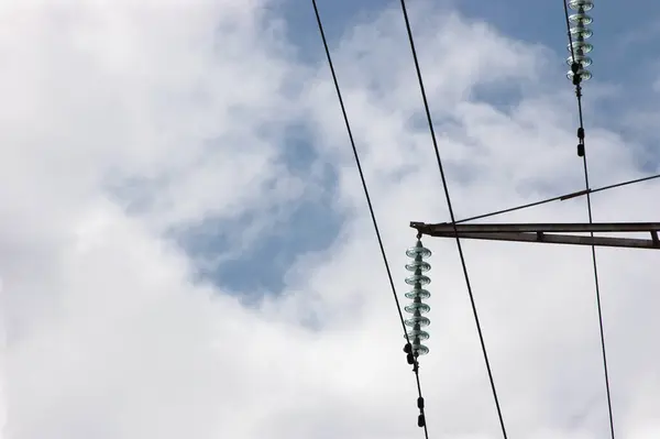 Высоковольтная Электрическая Сеть Электрической Линии Электропередачи Пилона Проход Стеклянные Изоляторы Лицензионные Стоковые Фото