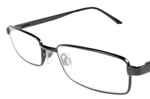 Zwarte Stijlvolle Unisex Bril Grote Gedetailleerde Geïsoleerde Brillen Macroclose Horizontale Stockafbeelding