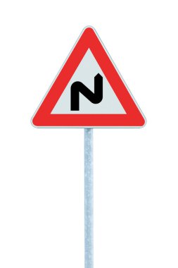 Double bend ahead, first to the right road sign, large detailed isolated vertical white triangular several dangerous bends warning signage closeup, red frame, grey metallic pole post, political opportunism bent concept clipart