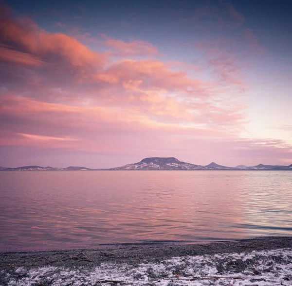 Epic Sunrise Lake Balaton Winter — Stock Photo, Image