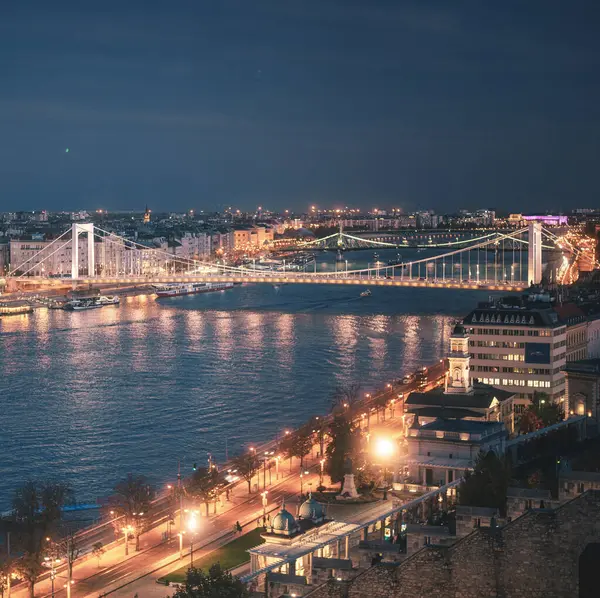 Budapeşte, Macaristan 'daki Elisabeth Köprüsü ve Tuna Nehri' nin Gece Manzarası
