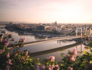 Macaristan 'ın Budapeşte kentindeki Elisabeth Köprüsü' nün güzel manzarası Mayıs 'ta açık bir bahar öğleden sonrasında çekildi.