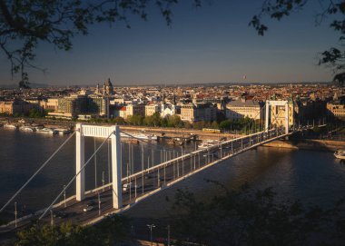 Macaristan 'ın Budapeşte kentindeki Elisabeth Köprüsü' nün güzel manzarası Mayıs 'ta açık bir bahar öğleden sonrasında çekildi.
