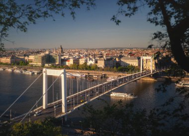 Budapeşte 'deki Elisabeth Köprüsü ve Tuna Nehri Havadan Şehir Manzarası