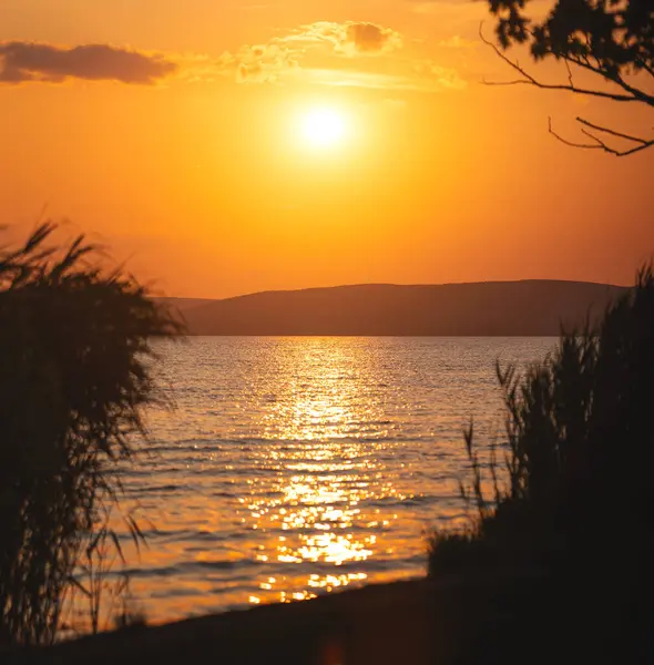 Balaton Gölü Yaz Günbatımı Parlayan Su Yansımaları Huzurlu Altın Saat Manzarası