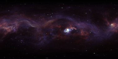 360 degree space nebula, equirectangular projection, environment map. HDRI spherical panorama. Space background with nebula and stars. 3d illustration
