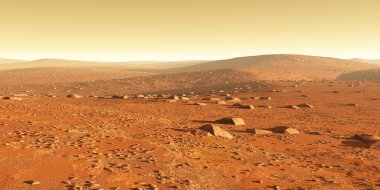 Mars - Kızıl Gezegen. Mars yüzeyi ve atmosferdeki toz. 3d oluşturma