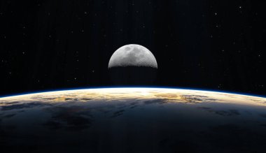 Uzaydan gelen ay, gün batımı ya da gün doğumu olan bir dünya. Astronomi geçmişi. 3d oluşturma