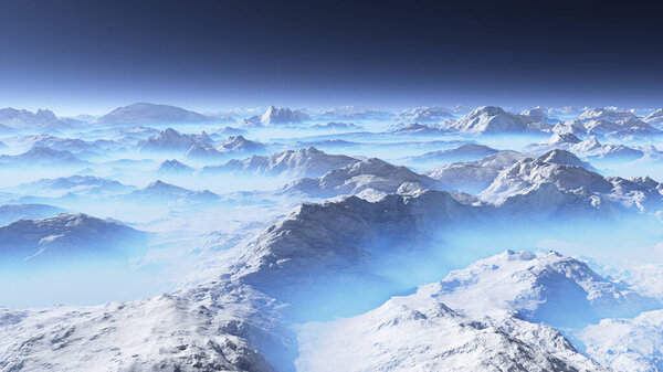 Frozen planet. Alien landscape, 3D rendering