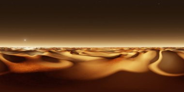 Mars 'ta günbatımının 360 derece manzarası, kum tepeleri, çevre 360 HDRI haritası. Eş dikdörtgen projeksiyon, küresel manzara. 3d oluşturma