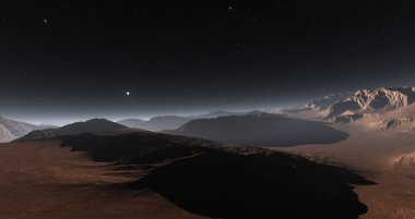 Mars 'ta bir gece. Mars yüzeyi ve atmosferdeki toz. 3d oluşturma
