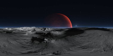 Arka planda kırmızı gezegen Mars 'ın bulunduğu 360 derecelik Phobos manzarası, çevre HDRI haritası. Eş dikdörtgen projeksiyon, küresel manzara. 3d oluşturma